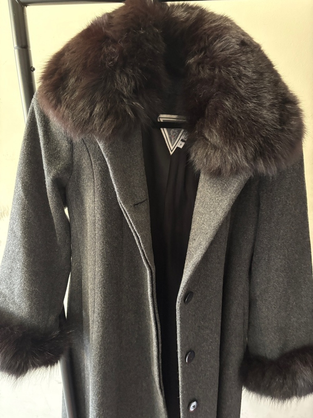 Marvin Richards Gray Wool Trench Coat with Brown Fur Trim